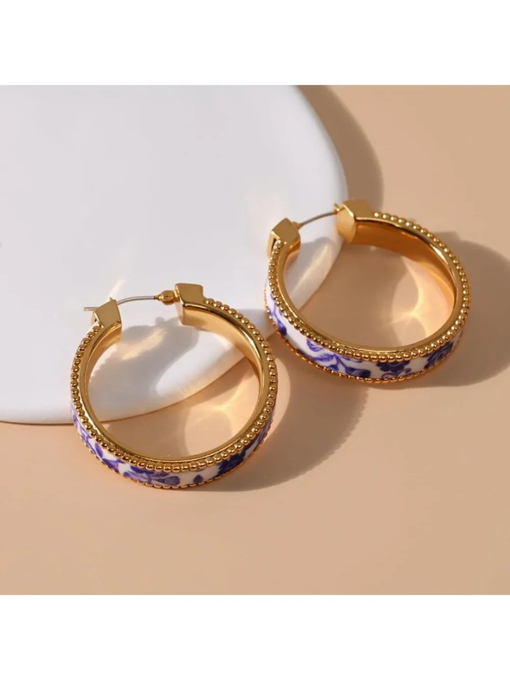 Hand-Painted Chunky Blue & White Porcelain Hoop Earrings - Vintage Artistic